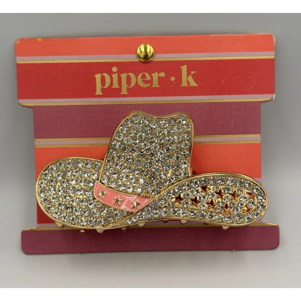 Piper K Rhinestone Cowgirl Hat Hair Claw Clip Western Rodeo Bling Pink Gold